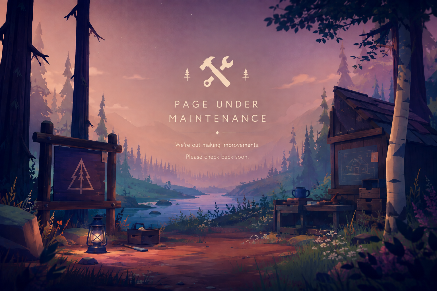 A peaceful illustrated forest maintenance scene with the words Page Under Maintenance, We're out making improvements, and Please check back soon.