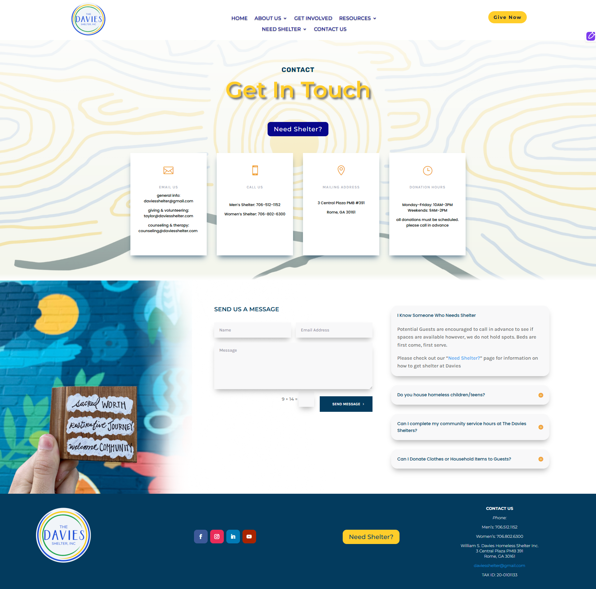 Davies Shelters Contact Us page